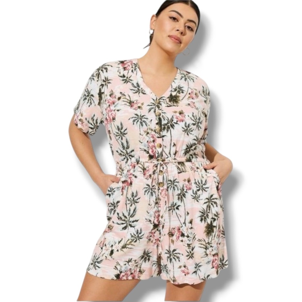 Torrid 2X Tropical Palm Floral Romper Pink Button Front Rayon Slub Plus Size NEW